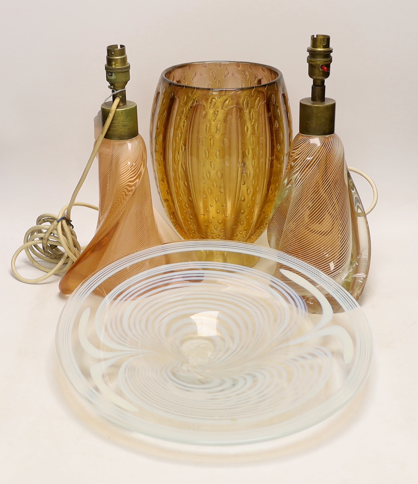 A glass gold flecked vase, a dish and a pair of lamps, largest 40cm